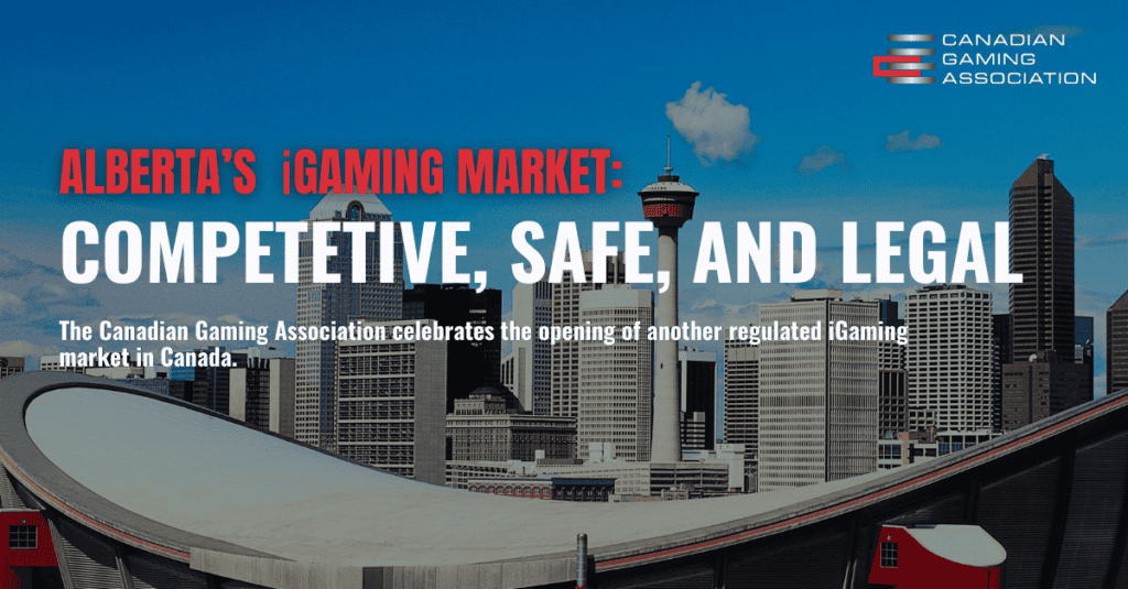 Calgary skyline with Canadian Gaming Association logo and bold text about Alberta's iGaming market.
